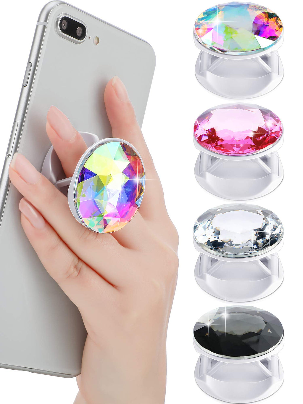 Weewooday 4 Pieces Disco Crystal Phone Grip Plastic Diamond Phone Holders Collapsible Phone Grip Holder Adhesive Foldable Expanding Finger Stand Holder Kickstand (White, Pink, Black, Rainbow) White, Pink, Black, Rainbow