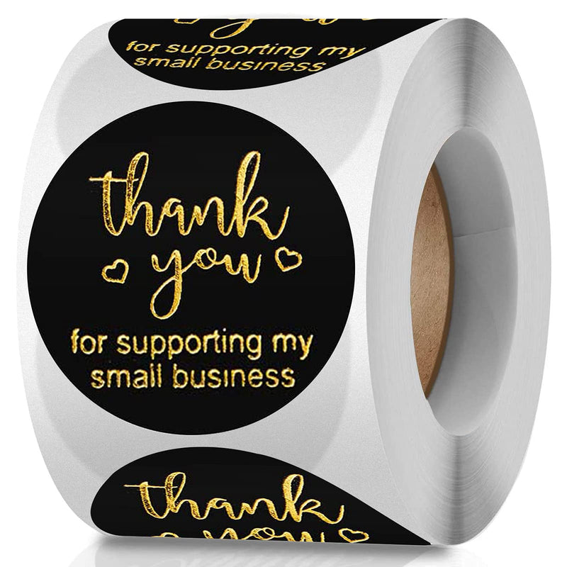 Thank You for Supporting My Small Business Stickers, 2" Large Thank You Stickers Roll - Black Gold Foil Design, for Boutique Gift Packaging Envelopes Seals Bubble Mailers, 2 Inch, 500 Pcs Each Roll