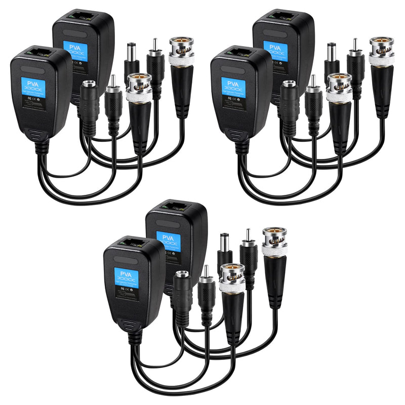 Passive Video Balun Connector 3 Pairs Passive Video Power Balun Audio 960P/1080P/2MP BNC to RJ45 Network Transceiver Cat5e/Cat6 Adapter AHD/TVI/CVI/CVBS for Full HD Surveillance Camera System Balun83