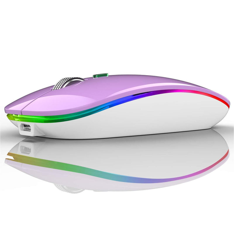 LED Wireless Mouse, G12 Slim Rechargeable Wireless Silent Mouse, 2.4G Portable USB Optical Wireless Computer Mice with USB Receiver and Type C Adapter (Purple) Purple