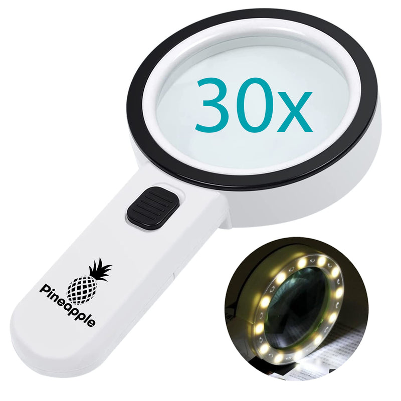 Pineapple LLC Magnifying Glass with Light, 30X Handheld Large Magnifying Glass, Lighted Magnifier with 12 LED Lights for Reading, Macular Degeneration, Seniors, Gifts for Elderly, White