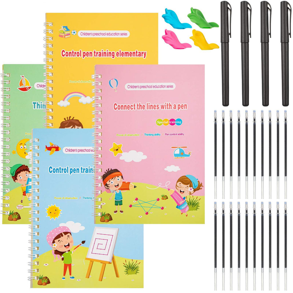 4 Pieces English Magic Practice Copybook Kids Reusable Calligraphy Copybook Handwriting Workbook for Preschoolers Tracing Book Writing Paste Board with 4 Pens 20 Refills (Control Pen Training) Control Pen Training