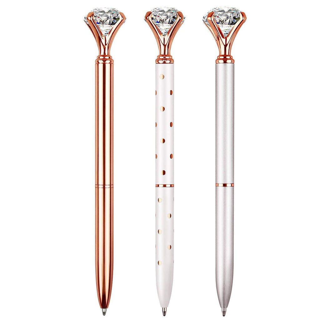 3 PCS Diamond Pen With Big Crystal Bling Metal Ballpoint Pen, Office Supplies And School, Rose Gold/White Rose Polka Dot/Silver, Includes 3 Pen Refills