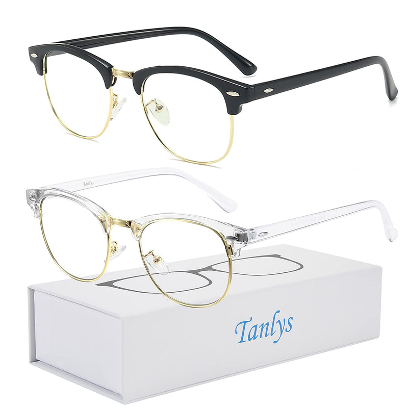 Tanlys 2 Pack Blue Light Blocking Glasses for Computer Eye Strain [Dry Eye & Sour Eye], Anti UV Reduce Headache Stylish 007-Black Clear gold