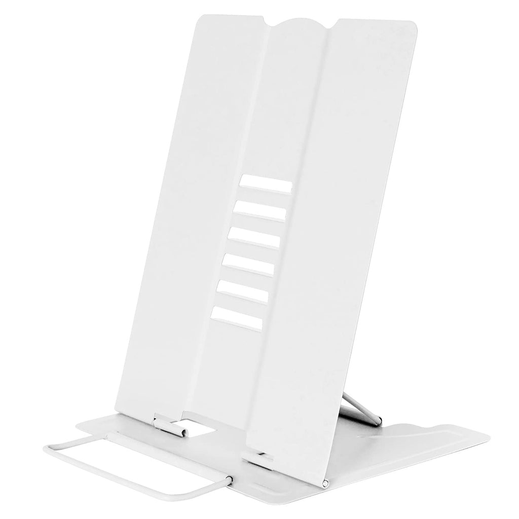 Desk Book Stand Holder Metal Book Stand Folding Reading Book Holder with 6 Adjustable Angles and Paper Page Clip Reading Book Holder (White) White