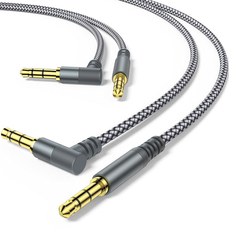 2 Pack Aux Cable, 6.6ft/2M TRRS Auxiliary Cables 90 Degree Right 3.5mm Nylon Braided 1/8 AUX Cord for Car Compatible with Stereos, Speaker, iPod iPad Smartphone, Headphones Sony,Echo Dot,Beats- Grey 6.6 Feet