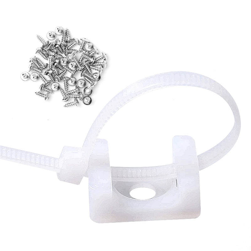 50 Pcs White Cable Tie Base Saddle Type Mount Wire Holder, Cable Zip Ties with Self-Locking 6 Inch & 0.145 Inch,#8 x 0.6 Inch Deep Thread Pan Head Screws