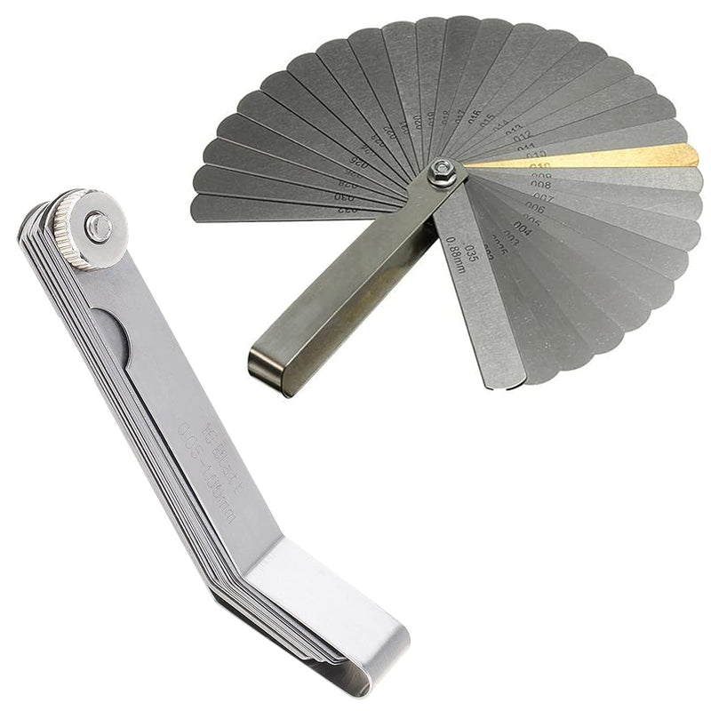 Mayata 2 Pieces Stainless Steel Removable Feeler Gauge Dual Marked Metric and Imperial Gap Measuring Tool (32 Blades Feeler Gauge, 16 Blades Feeler Gauge) Silver 32 Blades Feeler Gauge, 16 Blades Feeler Gauge