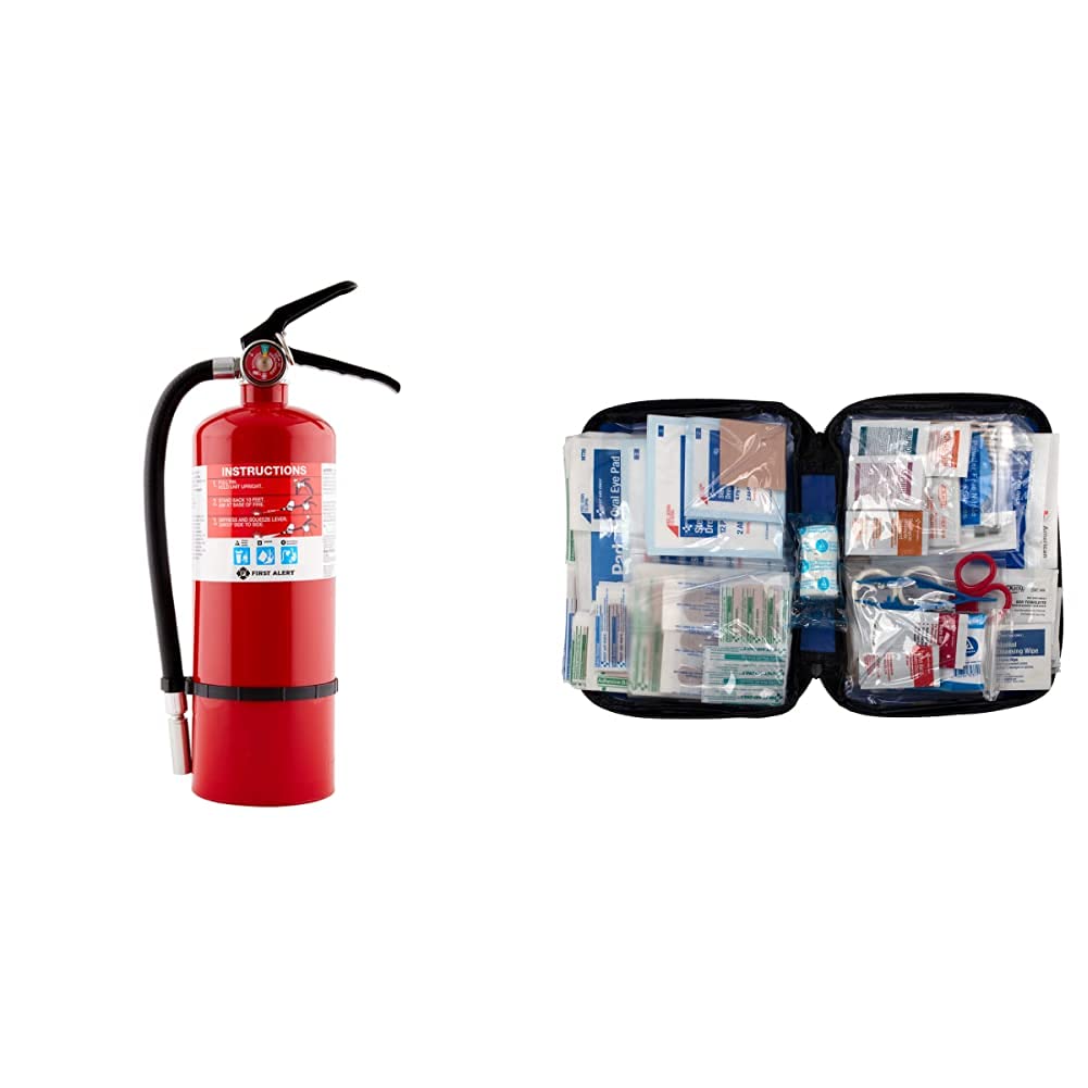 First Alert PRO5 Rechargeable Heavy Duty Plus Fire Extinguisher UL Rated 3-A:40-B:C, Red & First Aid Only 298 Piece All-Purpose First Aid Kit (FAO-442) 1 Pack Pro5 5 Pound Extinguisher + First Aid Kit