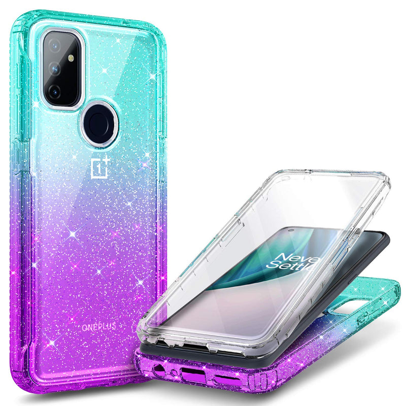 NZND Case for OnePlus Nord N100 with [Built-in Screen Protector], Full-Body Protective Shockproof Rugged Bumper Cover, Impact Resist Durable Phone Case (Glitter Aqua/Purple) Glitter Aqua/Purple