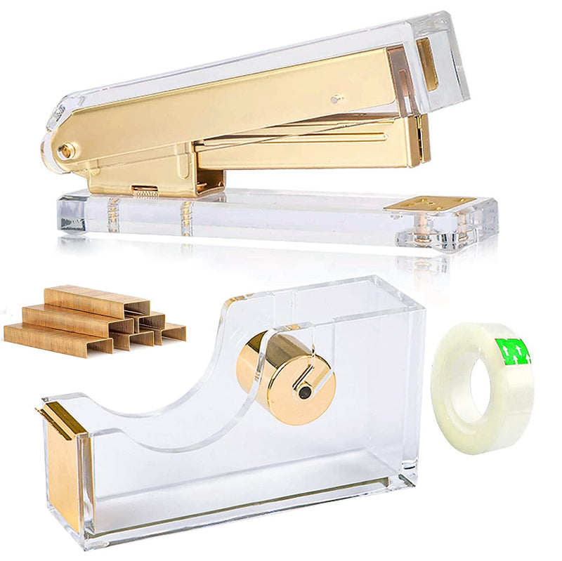 Acrylic Gold Tape Dispenser Gold Desktop Stapler, Acrylic Office Supplies Includes Tape, 1000pcs Staples Desk Accessory Kit, Chic Office Stapler Tape Dispenser for Modern Design Office Desktop