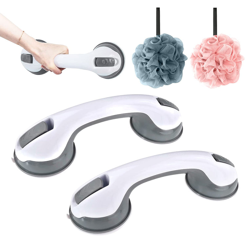 2 Pack Suction Shower Handle, Bathroom Balance Bar, Safety Hand Rail Support, Non-Skid, Assist Bath Handle for Seniors, Disabled, and Handicap, Come with 2 Shower Sponge(Gray) Gray