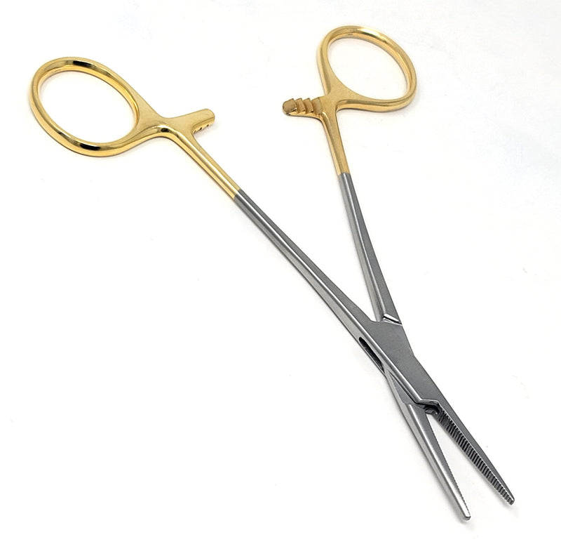 Mosquito Hemostat Locking Forceps 5" Straight with Full Serrated Jaws Ideal for Clamping, Fishing, Firefighters Nurses Doctors + More (Gold Handle) Gold Handle