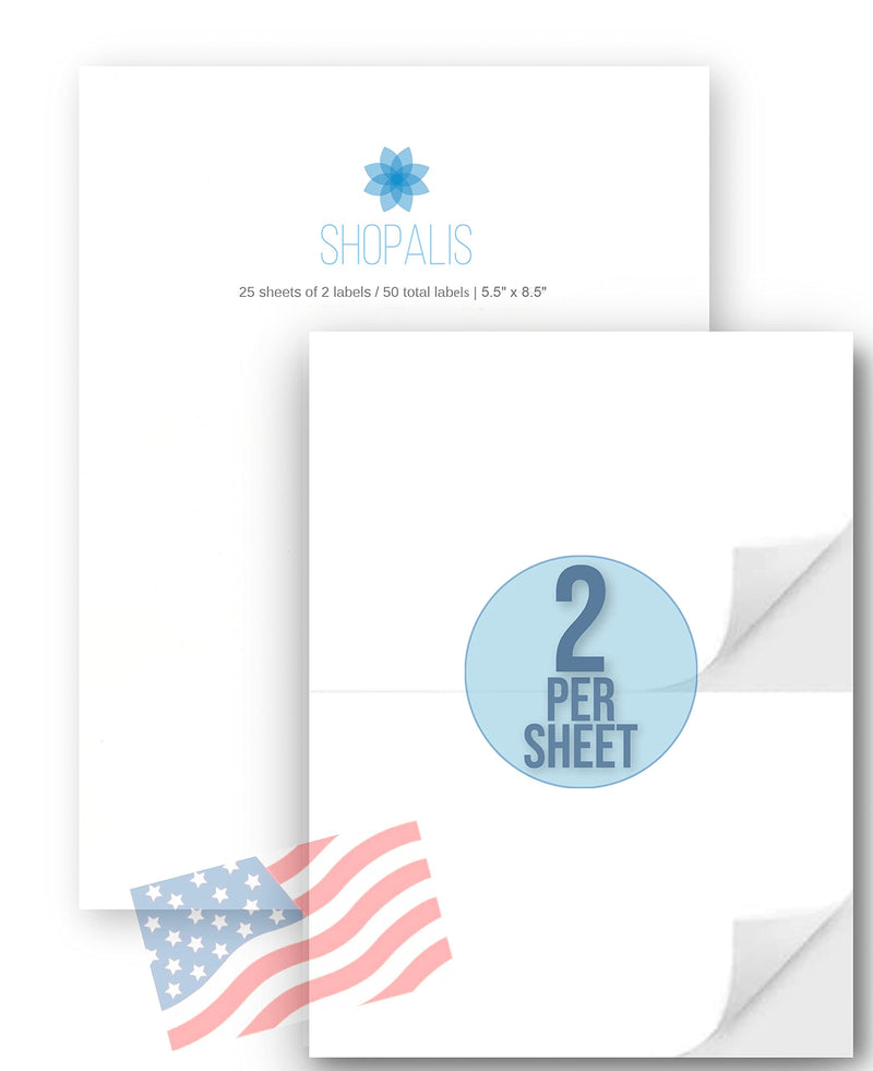 SHOPALIS 1/2 Sheet 100 Shipping Labels | Self Adhesive, Square Corner | Laser & Inkjet Printers, 8.5 x 5.5 Inches, White, Pack of 50 Labels | 25 Sheets