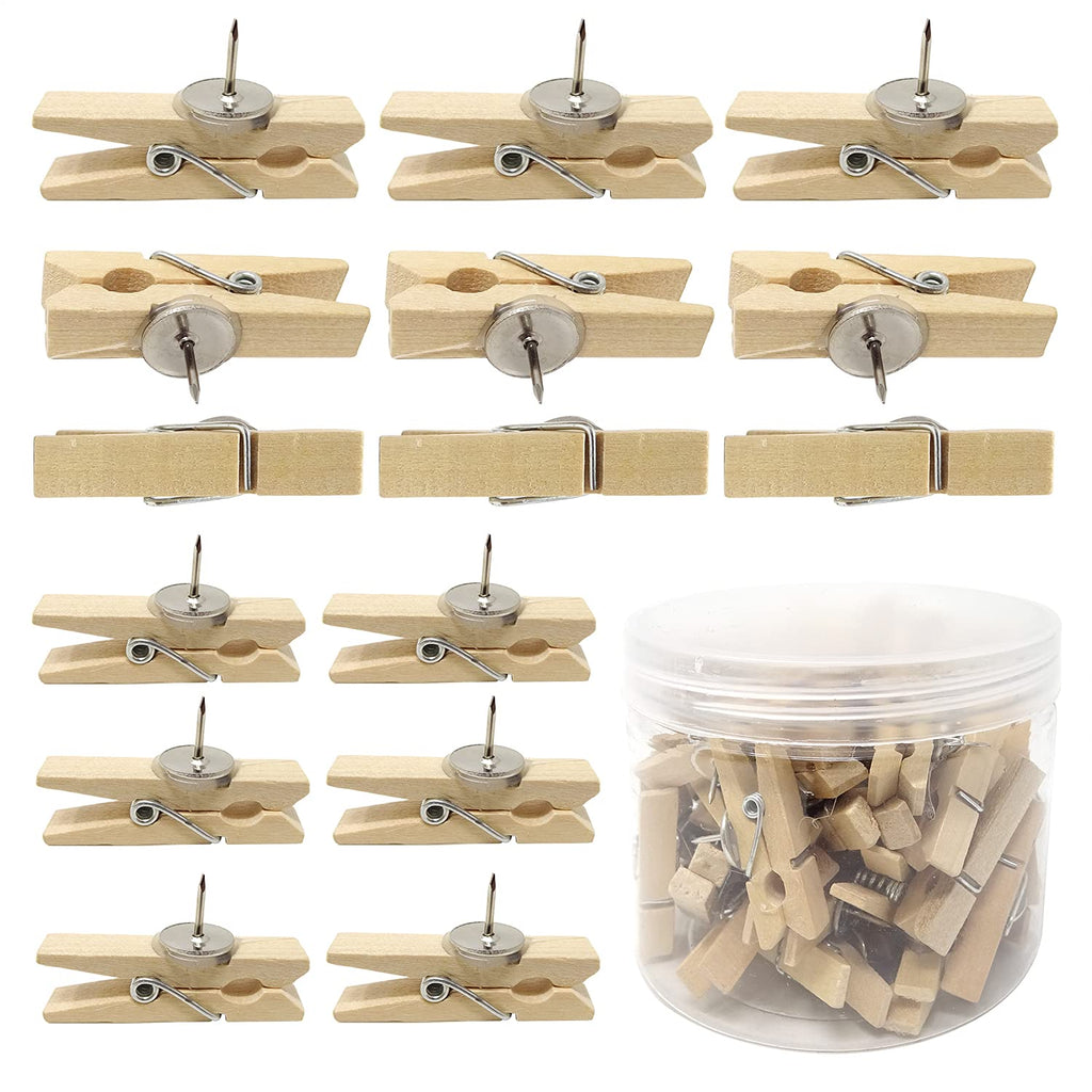 Honbay 50PCS Push Pins with Wooden Clips Thumbtacks Clothespins Paper Clips for Artworks, Notes, Photos