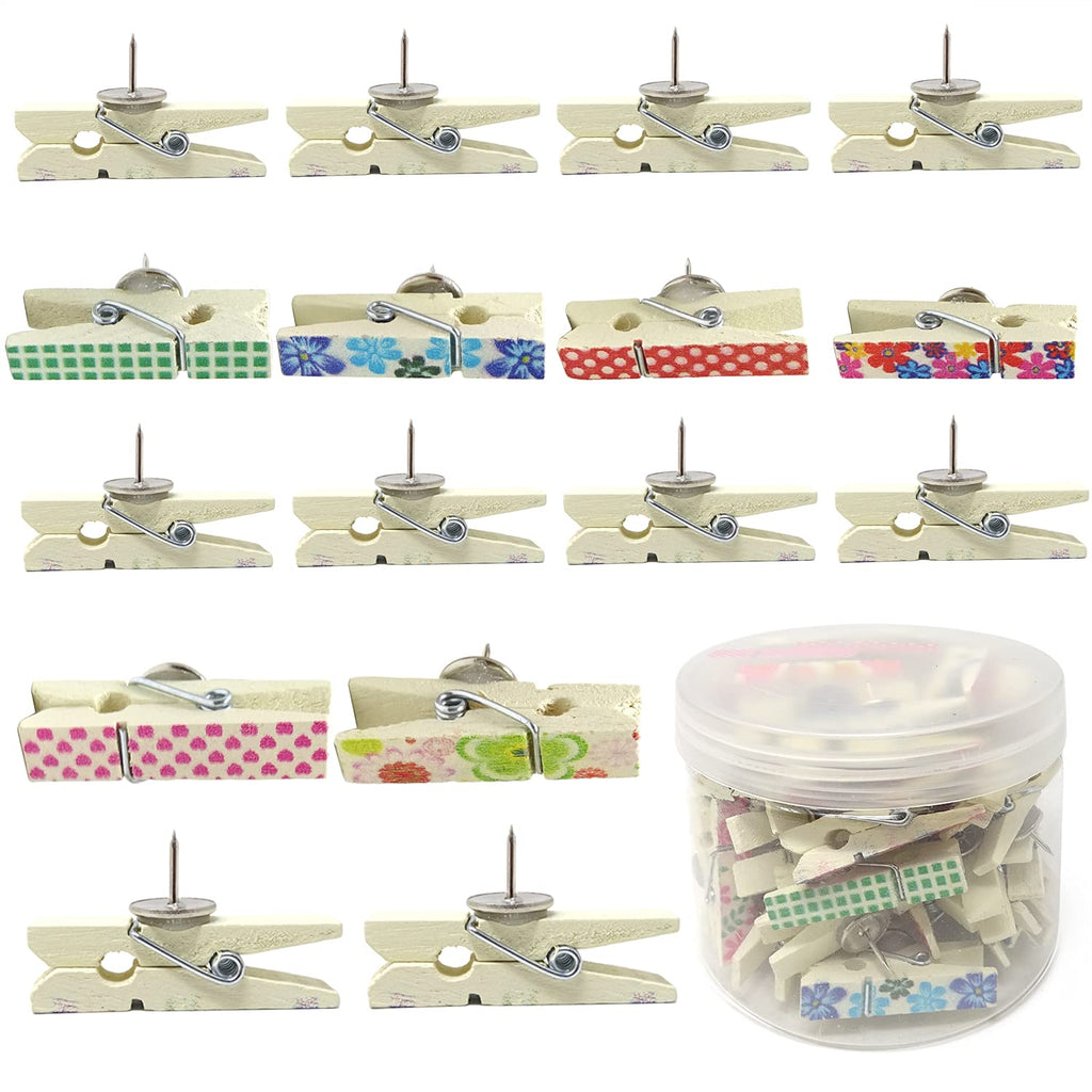 Honbay 50PCS Push Pins with Wooden Clips Thumbtacks Clothespins Paper Clips for Artworks, Notes, Photos