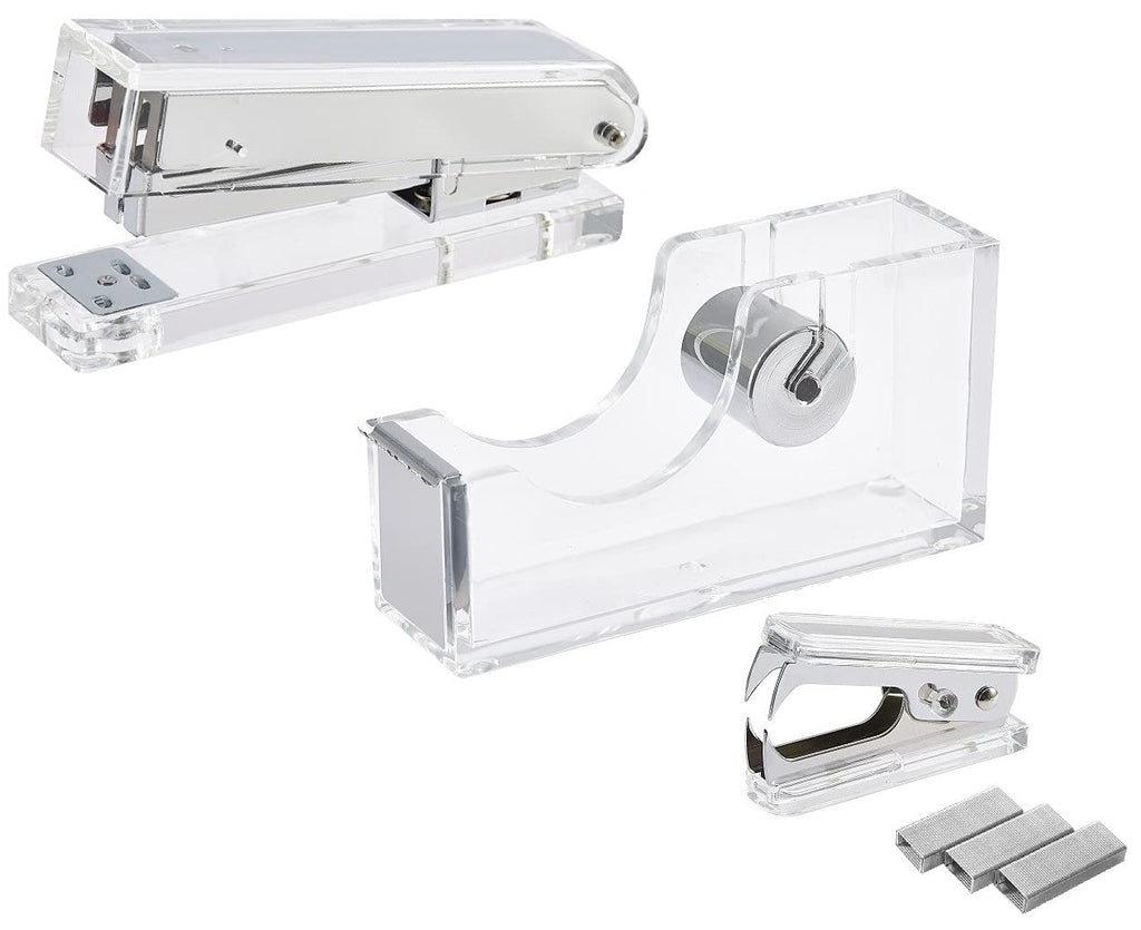 Buywoow Acrylic Desk Accessory Kit, Acrylic Silver Stapler, Acrylic Silver Tape Dispenser, Acrylic Silver Staple Remover, Acrylic Office Stapler Set