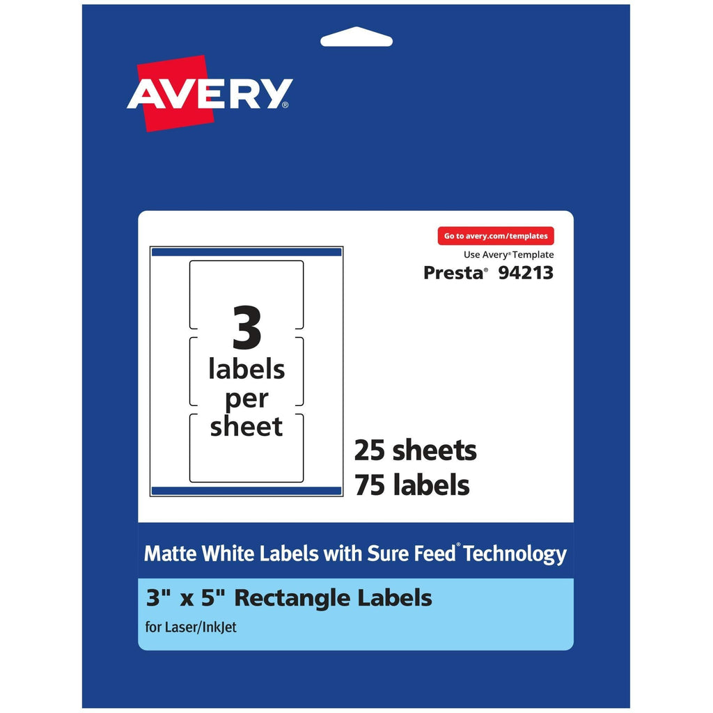 Avery Matte White Rectangle Labels with Sure Feed, 3" x 5", 75 Matte White Printable Labels 75 Labels