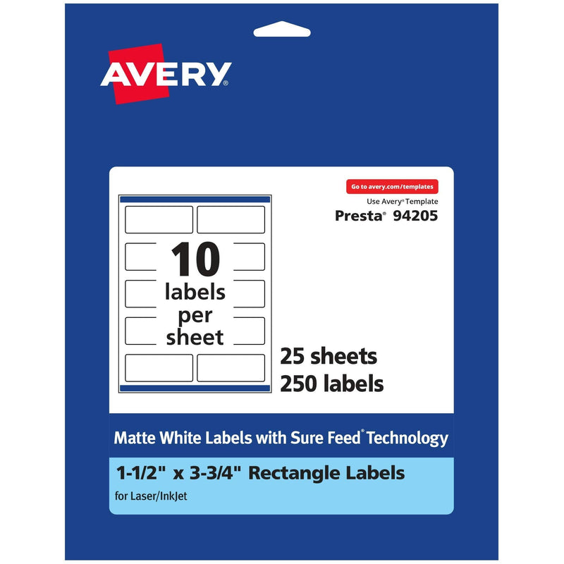 Avery Matte White Rectangle Labels with Sure Feed, 1.5" x 3.75", 250 Matte White Printable Labels 250 Labels