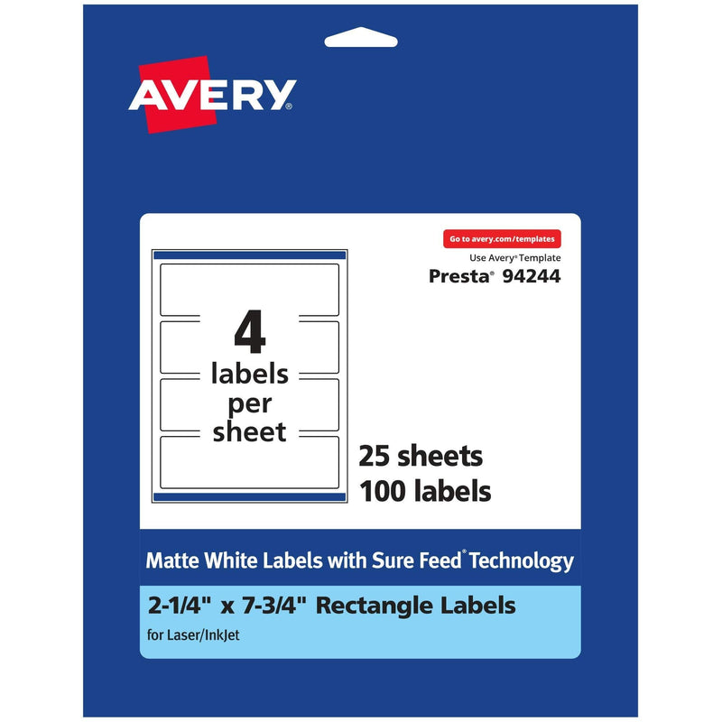 Avery Matte White Rectangle Labels with Sure Feed, 2.25" x 7.75", 100 Matte White Printable Labels 100 Labels