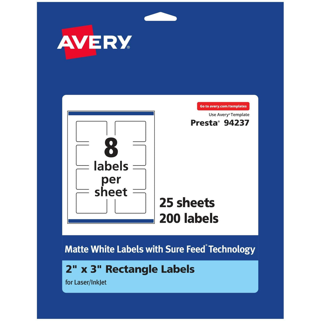 Avery Matte White Rectangle Labels with Sure Feed, 2" x 3", 200 Matte White Printable Labels 200 Labels