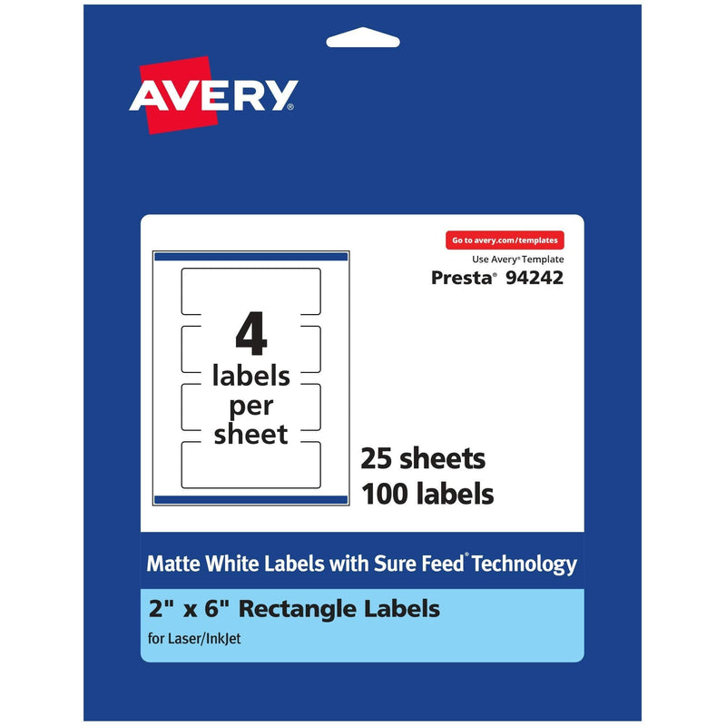 Avery Matte White Rectangle Labels with Sure Feed, 2" x 6", 100 Matte White Printable Labels 100 Labels