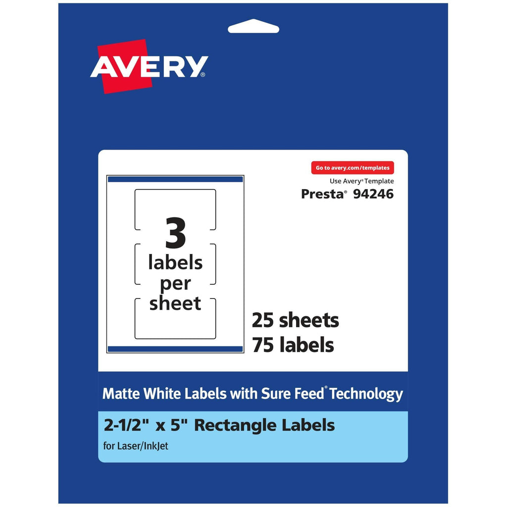 Avery Matte White Rectangle Labels with Sure Feed, 2.5" x 5", 75 Matte White Printable Labels 75 Labels