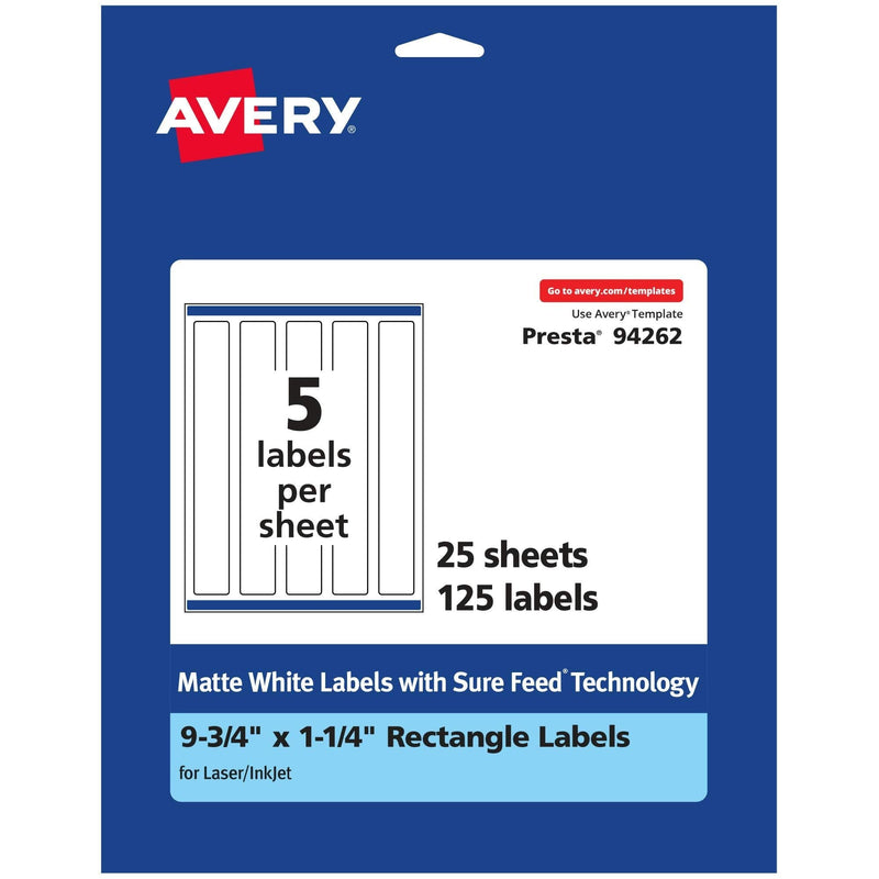 Avery Matte White Rectangle Labels with Sure Feed, 9.75" x 1.25", 125 Matte White Printable Labels 125 Labels