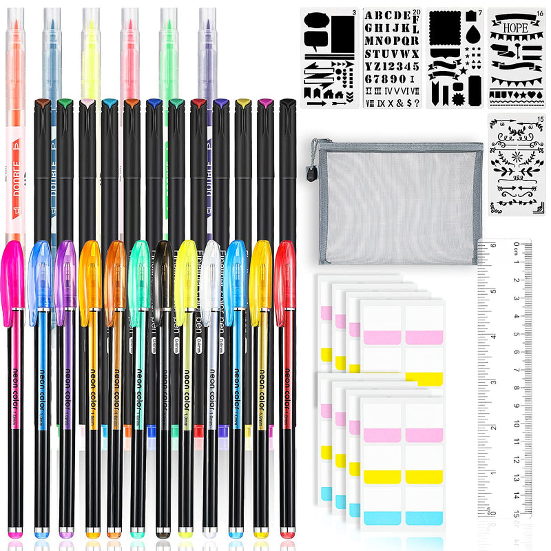 45 Pieces Bible Journal Kit Bible Gel Highlighters Colored Fine Point Markers Double Highlighters Pens Self-Stick Tabs Storage Bag Journaling Stencil Bible Accessories Ruler Pens No Bleed