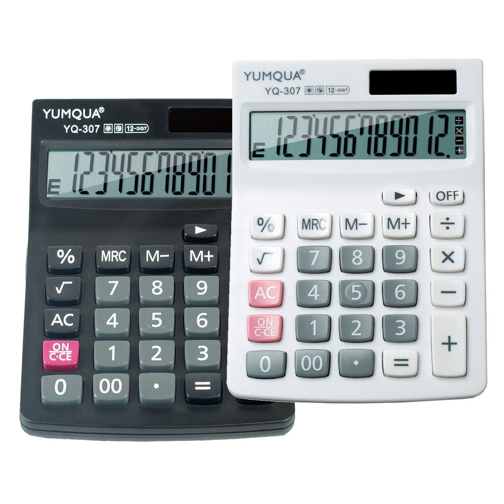 YUMQUA Basic Desktop Calculator 2 Pack, Dual Power Solar Battery Calculator with 12 Digit LCD Display Screen, Daily Office School Use, White+Black White01+Black01