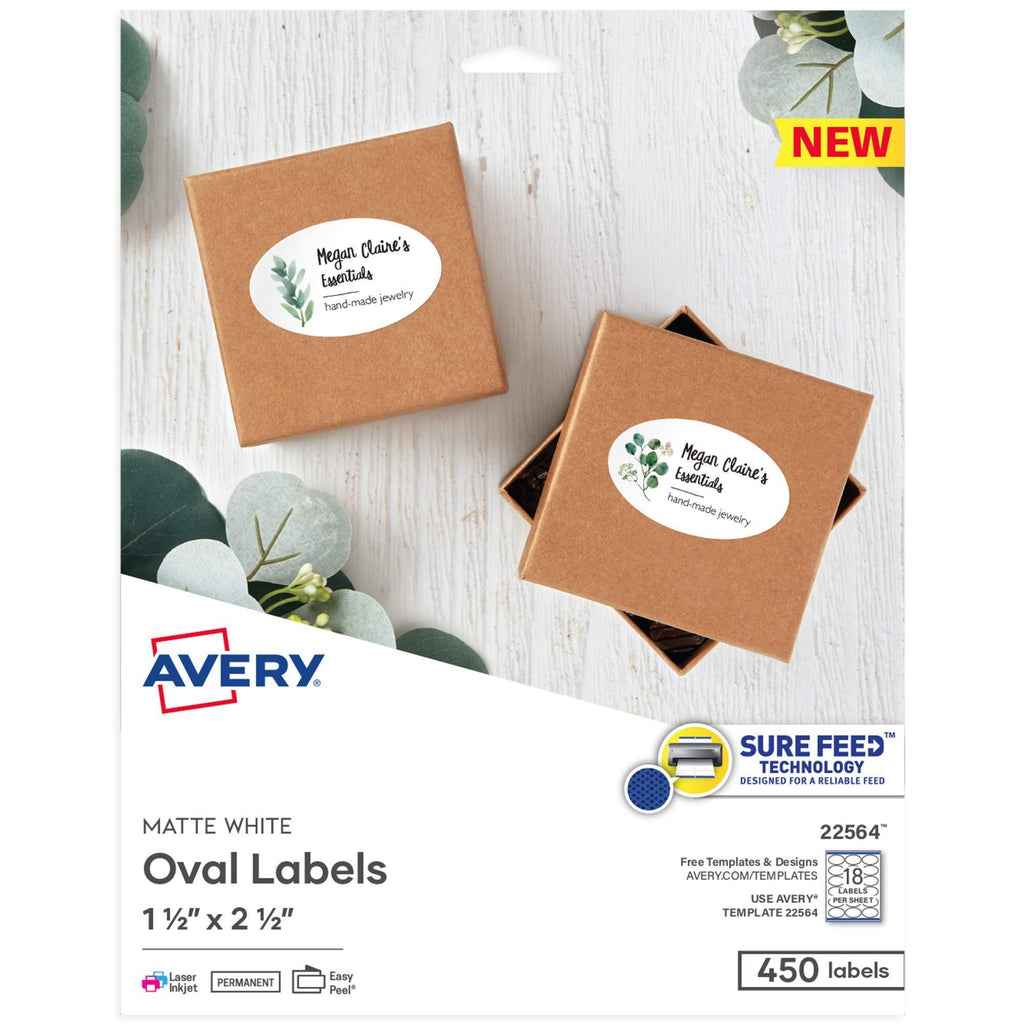 Avery Printable Blank Oval Labels, 1.5" x 2.5", Matte White, 450 Customizable Labels (22564) 1.5" x 2.5" 450 Labels