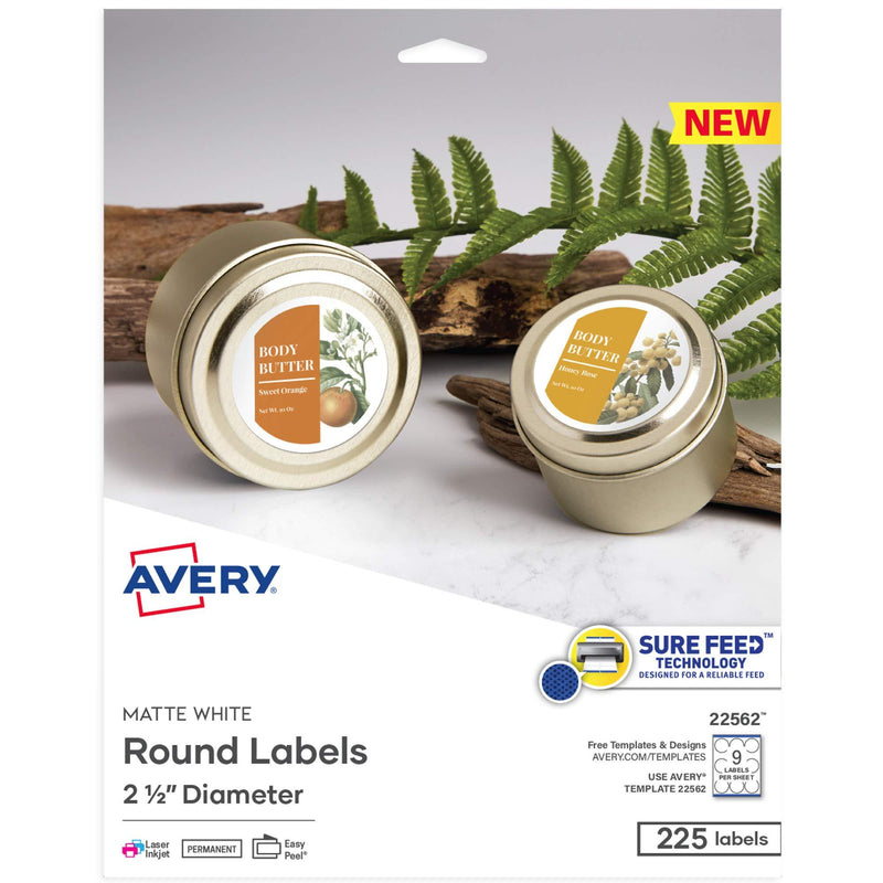 Avery Printable Blank Round Labels, 2.5" Diameter, Matte White, 225 Customizable Labels (22562)