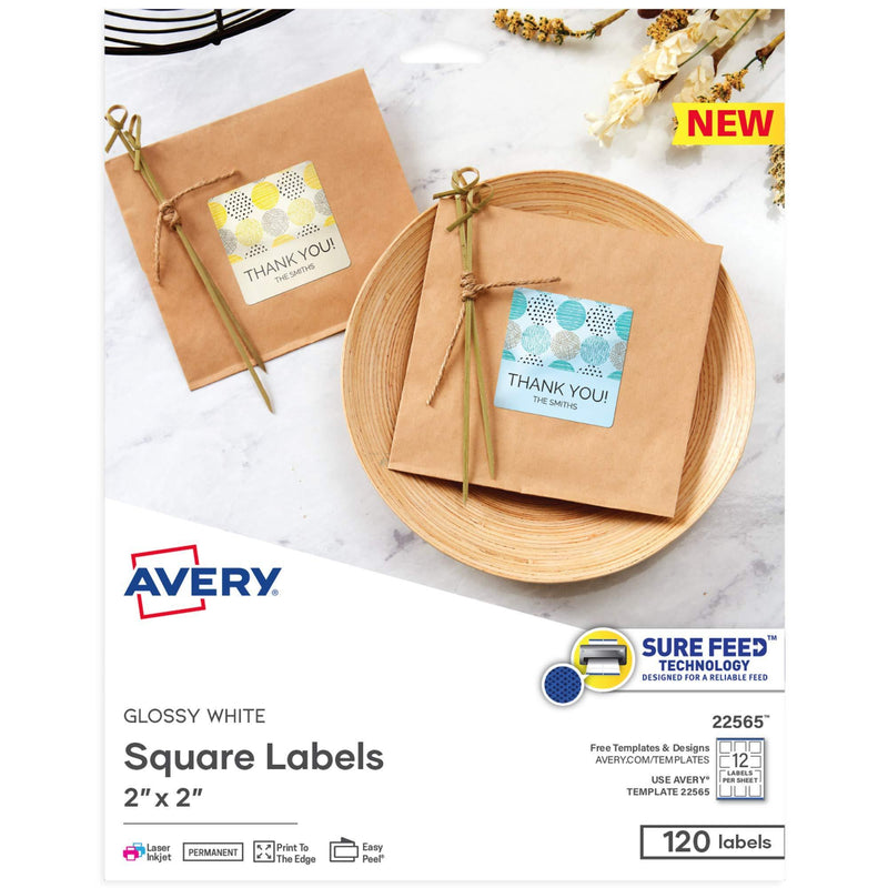 Avery Printable Blank Square Labels, 2" x 2", Glossy White, 120 Customizable Labels (22565)