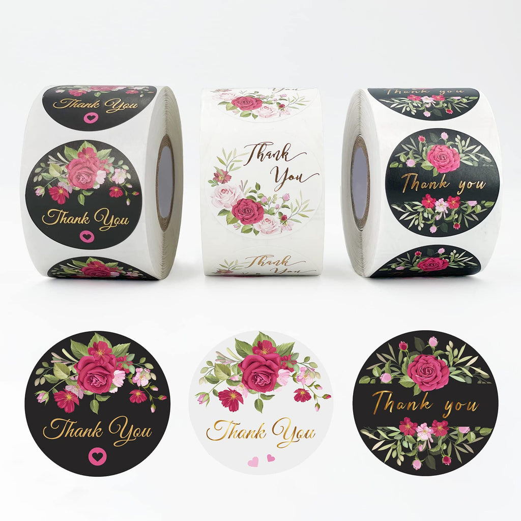 MGHLB 3 Rolls 1500 PCS Thank You Stickers, 1.5 Inch Round Rose Gold Black Labels for Small Business Greeting Cards, Handmade Goods