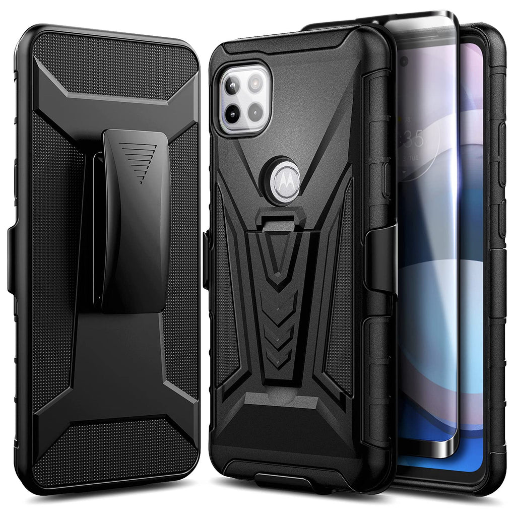 NZND Case for Motorola One 5G Ace with Tempered Glass Screen Protector (Maximum Coverage), Belt Clip Holster with Built-in Kickstand, Heavy Duty Protective Case (Black) Black