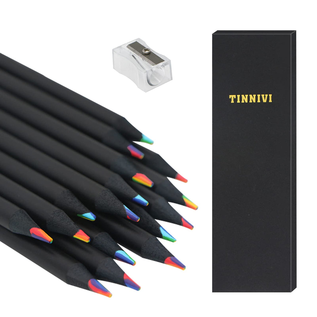 TINNIVI Art Supplies for Kids and Adults, 7 Color in 1 Black Wooden Rainbow Colored Pencils, Pre-sharpened, Multicolored Core, with Sharpener, for Coloring Books, Drawing, Sketching (16pcs)