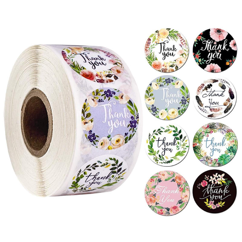 500pcs Thank You Stickers ,1.5inch Round Adhesive Small Business Stickers,8 Floral Designs Stickers Roll , Thank You Labels for Packaging, Envelope Sealing, Gift Bags, Greeting Cards, Wedding ,Party,