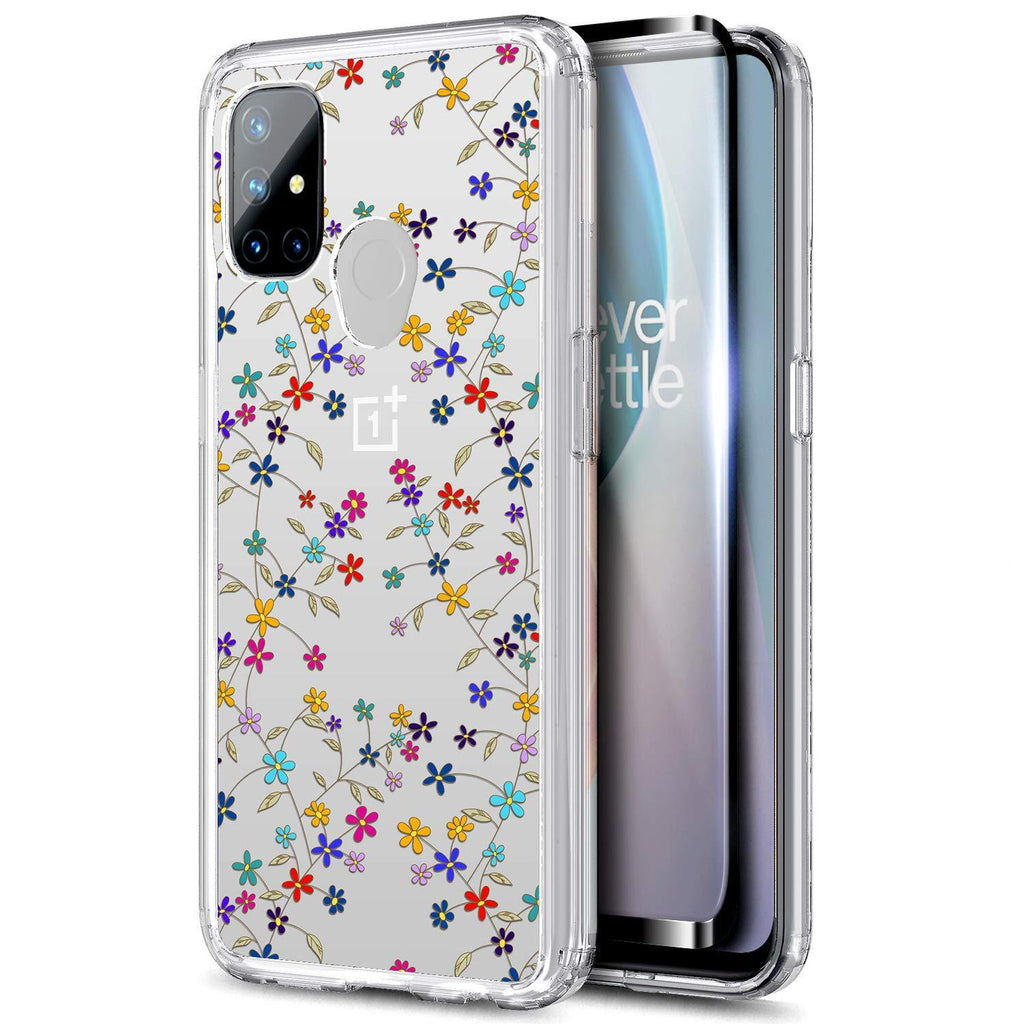 NZND OnePlus Nord N10 5G Case with Tempered Glass Screen Protector (Full Coverage), Anti-Scratch Shockproof Hard PC Back with TPU Bumper Protective Phone Case Cover -Flower Clear Flower