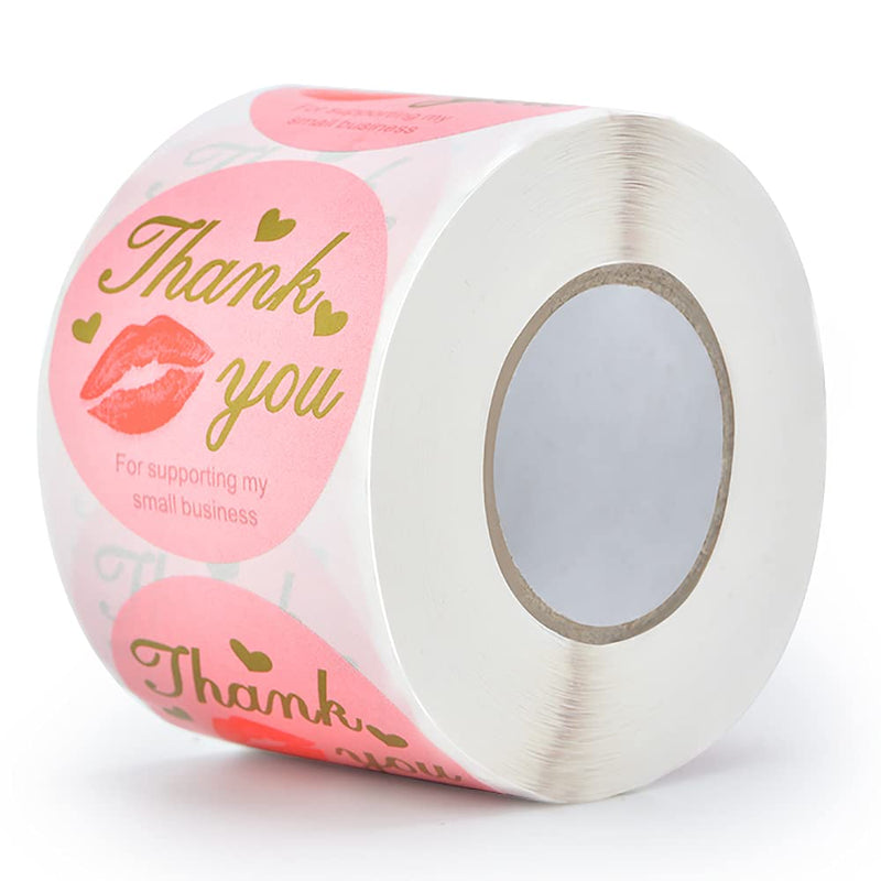 Thank You for Supporting My Small Business Stickers, 2 Inch Circle Pastel Pink with Golden Hearts Design Adhesive 500 Label Stickers for Store Owners, Crafts, Organizing, Jar and Canning