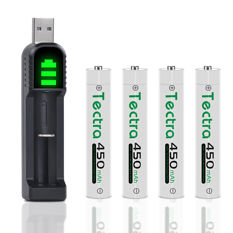 450mAh AAAA Batteries, Tectra 4 Count AAAA Rechargeable Ni-MH Batteries with AA AAA AAAA Ni-MH Universal Smart Battery Charger for Surface Pen Active Stylus 4 battery + 1 charger
