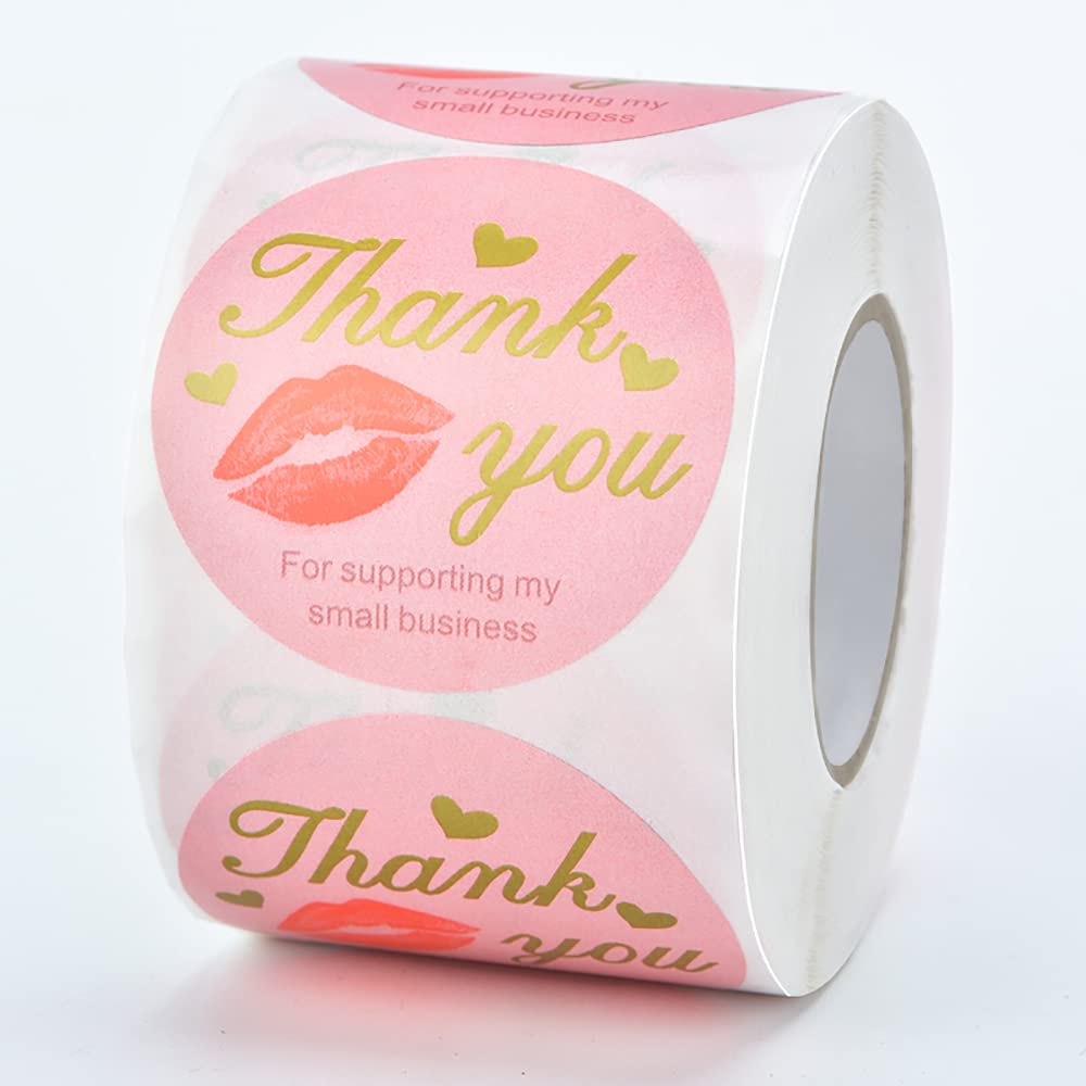 2 Inch Thank You Stickers (500 per Roll) - Natural Brown Kraft Stickers (Permanent Adhesive) for Store Owners, Crafts, Organizing, Jar and Canning Labels (Pink Thank You)