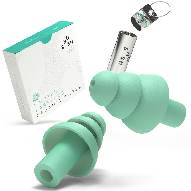 Work Ear Plugs - Shush Worker - Reusable Filter - Prevent Occupational Hearing Loss - High Performance Hearing Protection with Ceramic Filter - for All Ear Sizes