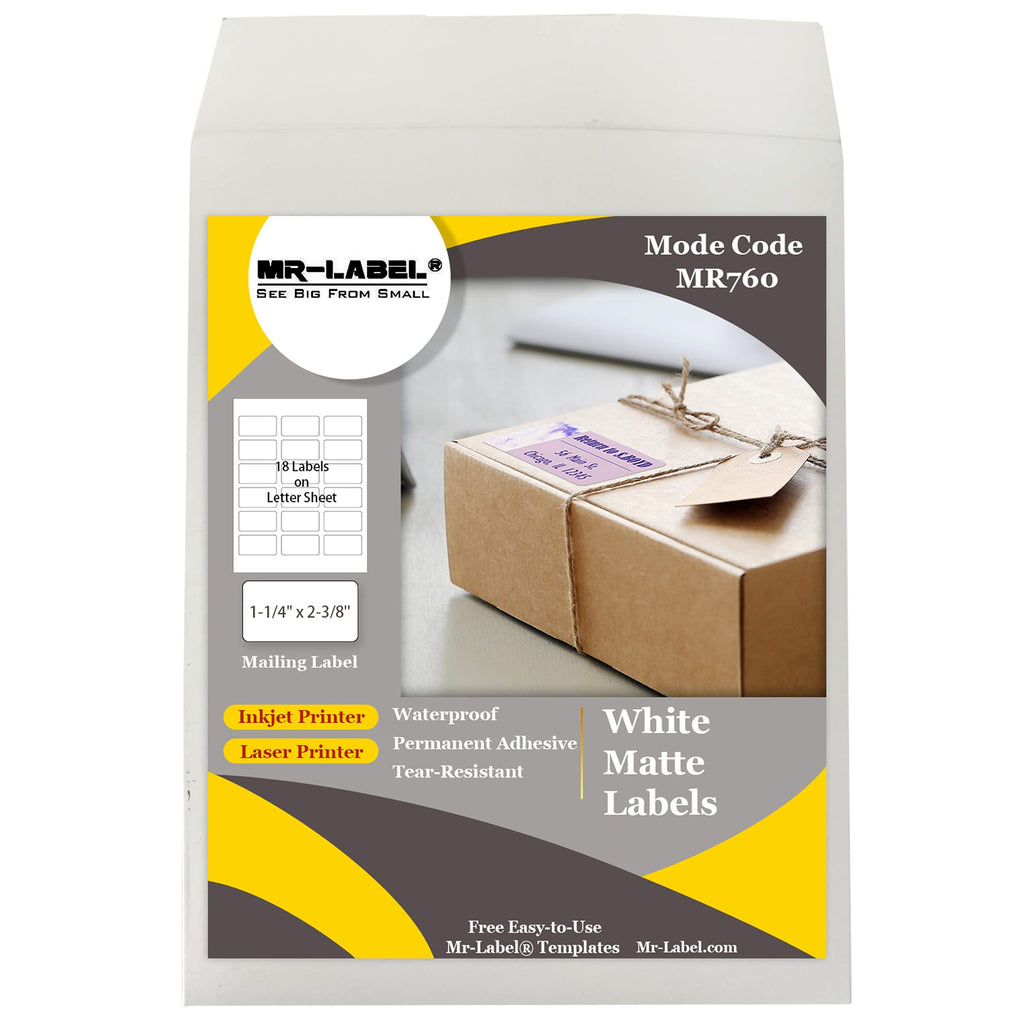 Mr-Label - 1-1/4" x 2-3/8" Matte White Mailing Labels-Permanent Adhesive Return Address Labels – Waterproof and Tear-Resistant Labels for Inkjet & Laser Printer & Handwritten (180 Labels | 10 Sheets) 180 labels | 10 sheets