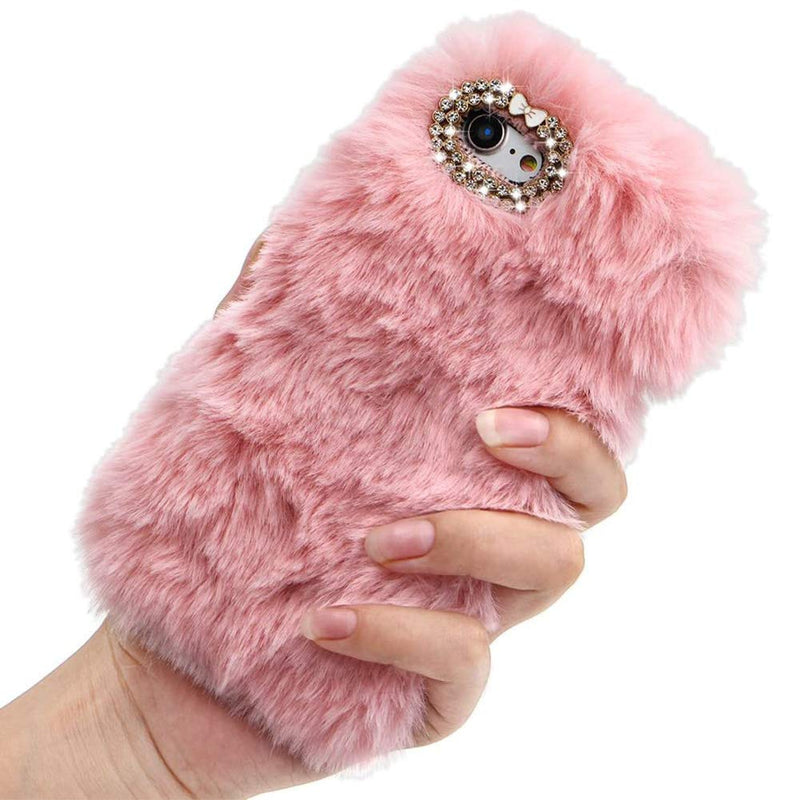 Jorisa Plush Case for Moto G Power 2021,Cute Furry Rabbit Fur Hair Winter Warm Fluffy Fuzzy Cover Bling Crystal Diamond Soft Silicone Phone Case for Girls Women,Pink Pink