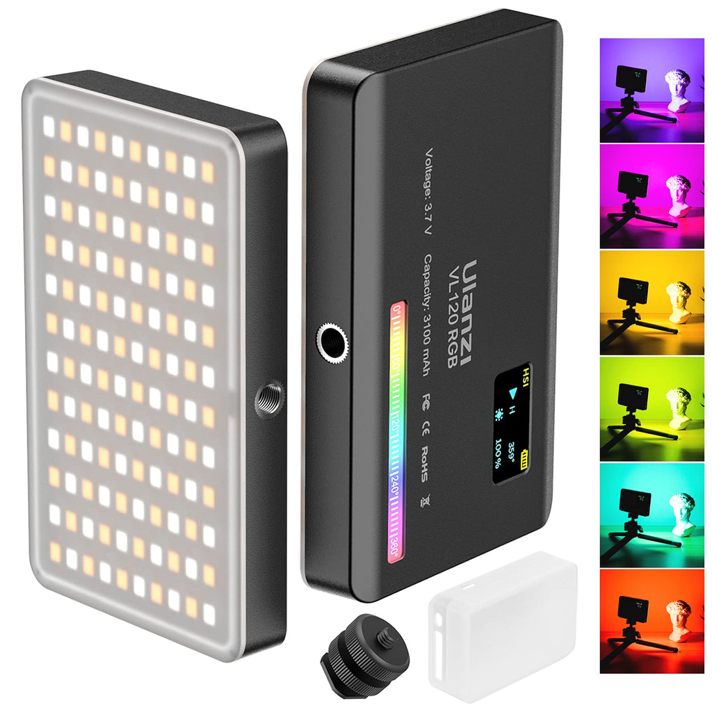 ULANZI VL120 RGB Video Light, Pocket LED On-Camera Video Lights, Built-in 3100mAh Rechargeable Battery, 360 Full Color 20 Light Effects, CRI≥95 2500-9000K LED Panels for Photography Vlogging black