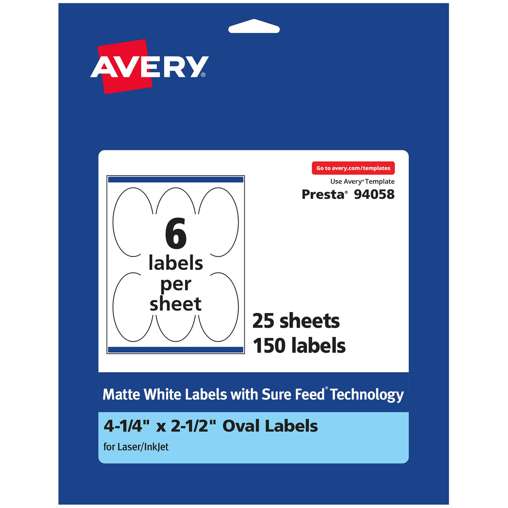 Avery Matte White Oval Labels with Sure Feed, 4.25" x 2.5", 150 Matte White Printable Labels 150 Labels