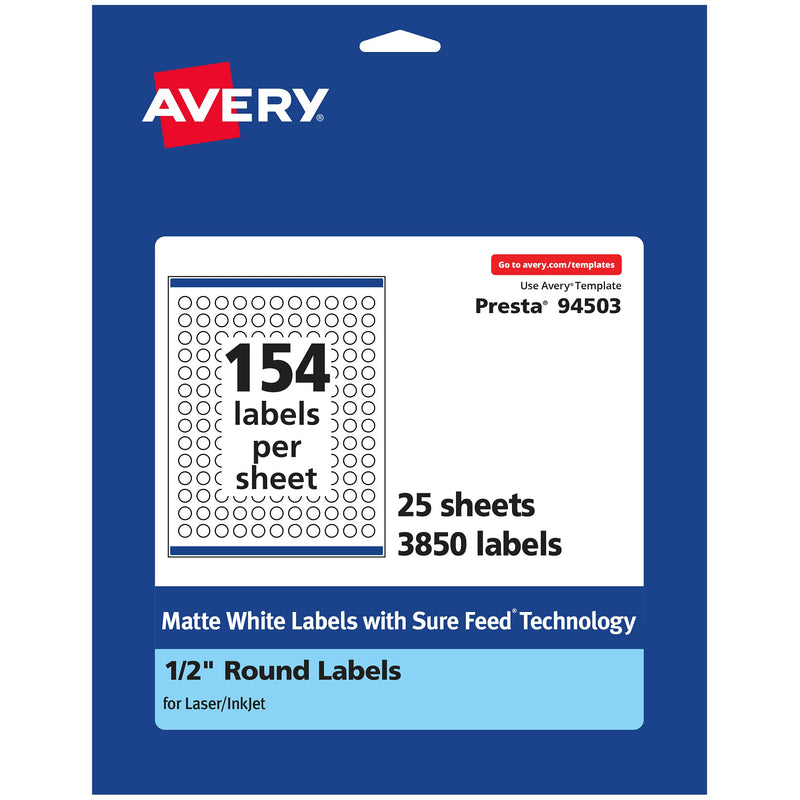 Avery Matte White Round Labels with Sure Feed, 1/2" Diameter, 3,850 Matte White Printable Labels 3,850 Labels