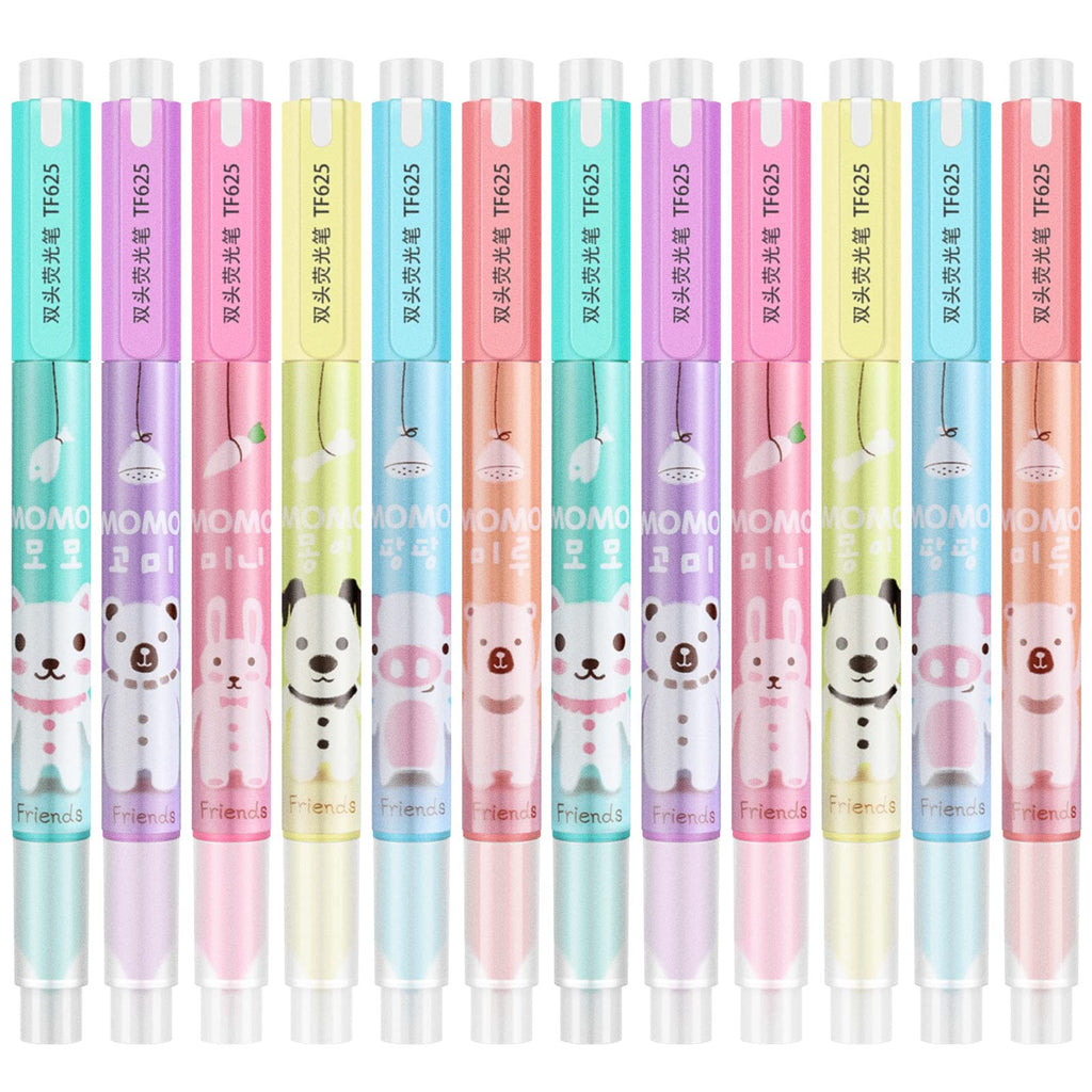 12 Pieces Cute Animal Double Tip Highlighter Pens Cute Cartoon Animal Double Head Marker Pens Girls Stationery Kawaii Pens for Students Office School Home