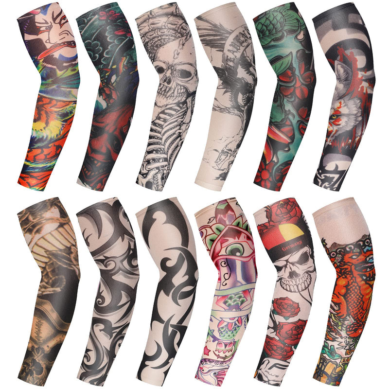 12 Pieces Tattoo Sleeves Set Fake Sunscreen Arm Sleeves Soft Elasticity Flower Arm Gloves Cycling (Skull Pattern) Skull Pattern