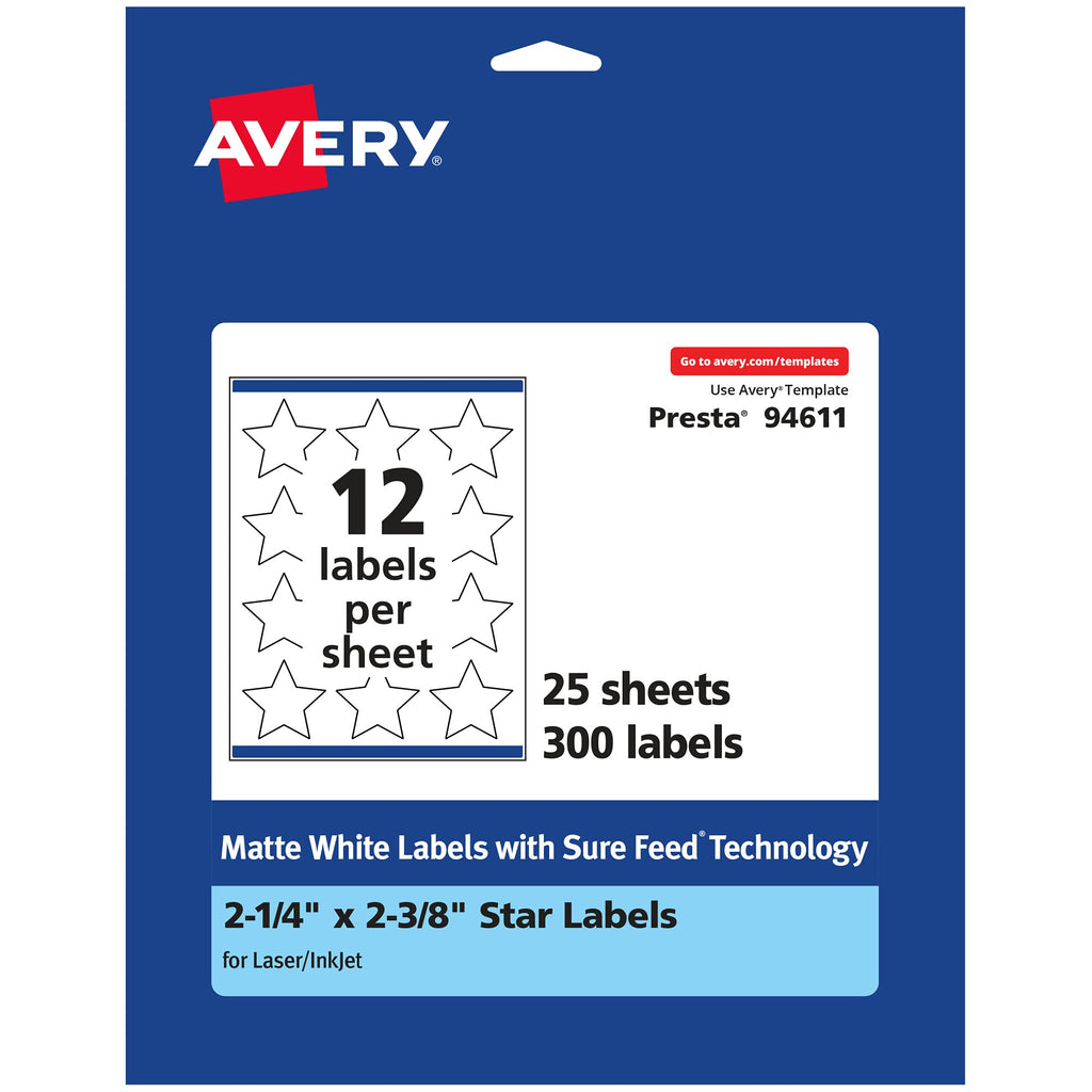 Avery Matte White Star Labels with Sure Feed, 2-1/4" x 2-3/8", 300 Matte White Printable Labels 300 Labels